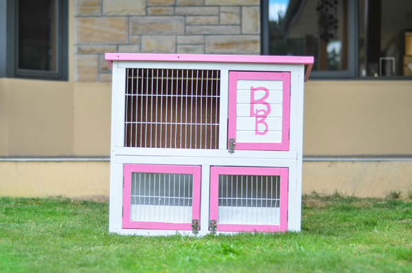 A small rabbit hutch painted with the Boutique Bunnies logo